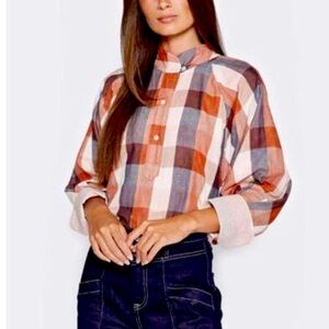 JOIE Dia Gingham Plaid Top Cotton Henley Orange Puff Sleeves wide cuffs Small